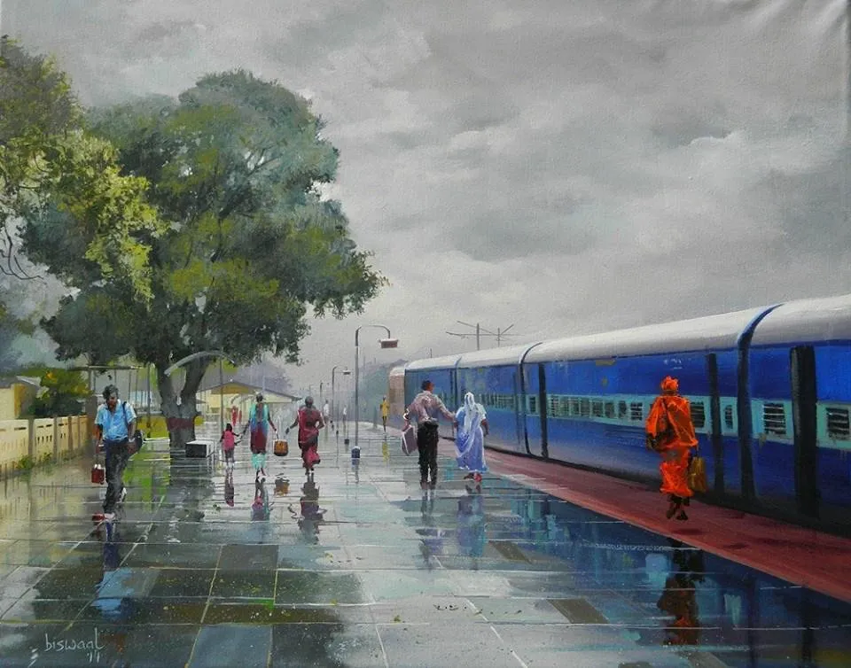 Rainy afternoon on a busy train station in India